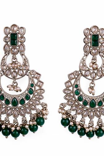 Pear chandelier shape mother of pearl green uncut kundan stone antique gold plated earring for women