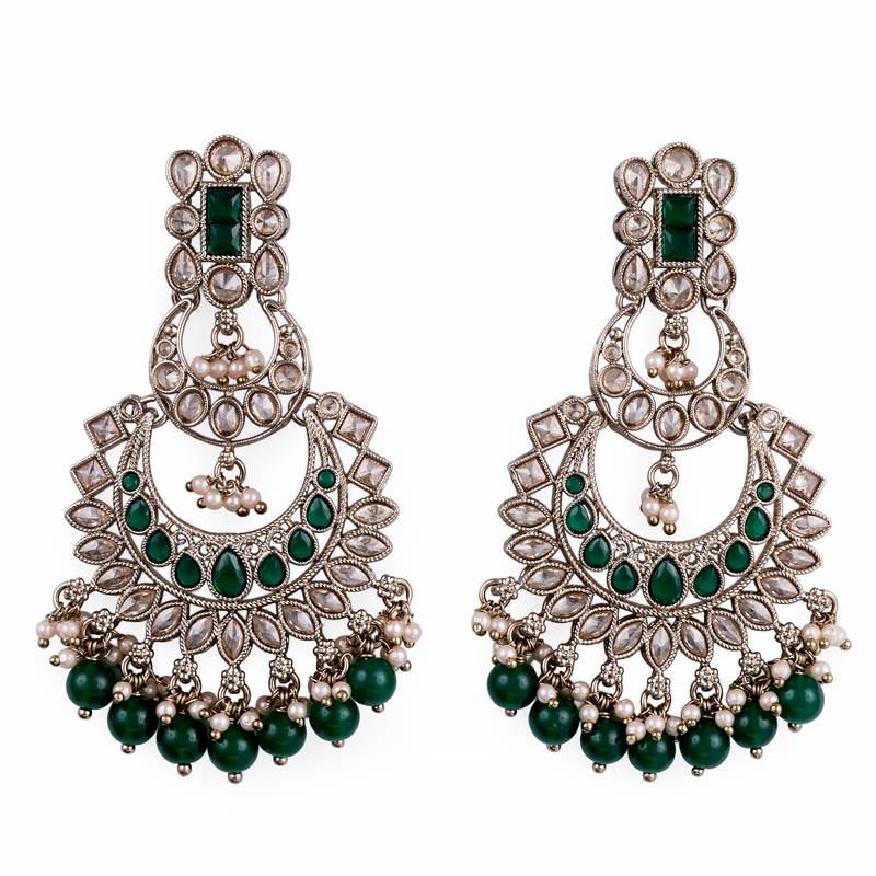 Pear chandelier shape mother of pearl green uncut kundan stone antique gold plated earring for women