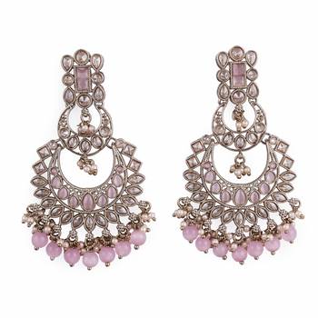 pink alloy earrings with kundan stones and pearl accents 1