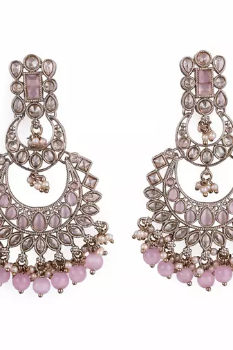 Pear chandelier shape mother of pearl pink uncut kundan stone antique gold plated earring for women