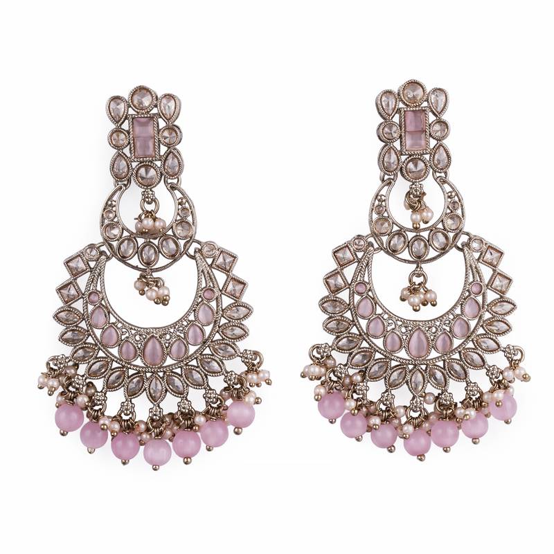 Pear chandelier shape mother of pearl pink uncut kundan stone antique gold plated earring for women