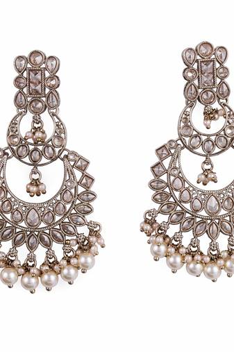 Pear chandelier shape mother of pearl white uncut kundan stone antique gold plated earring for women