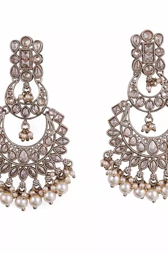 Pear chandelier shape mother of pearl white uncut kundan stone antique gold plated earring for women