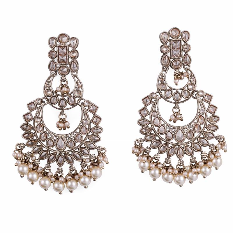 Pear chandelier shape mother of pearl white uncut kundan stone antique gold plated earring for women
