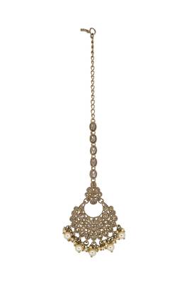 Chandelier shape mother of pearl brown uncut kundan stone antique gold plated maang tikka for women and girls 1