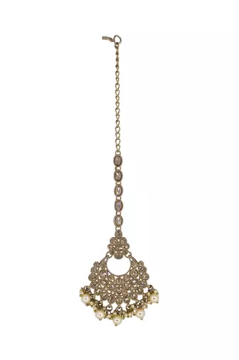 Chandelier shape mother of pearl brown uncut kundan stone antique gold plated maang tikka for women and girls