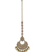 Chandelier shape mother of pearl brown uncut kundan stone antique gold plated maang tikka for women and girls