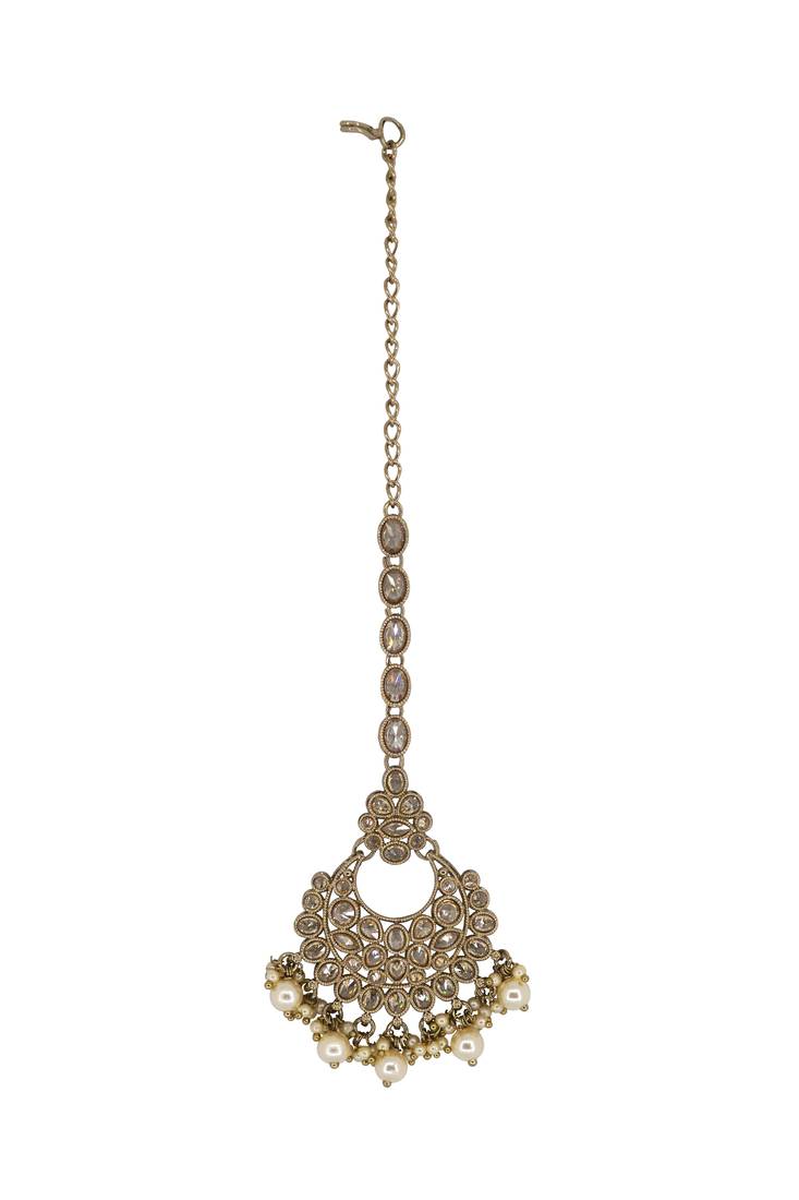 Chandelier shape mother of pearl brown uncut kundan stone antique gold plated maang tikka for women and girls