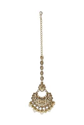 Chandelier shape mother of pearl brown uncut kundan stone antique gold plated maang tikka for women and girls 2