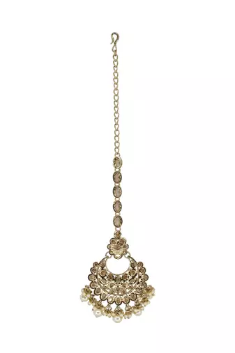 Chandelier shape mother of pearl brown uncut kundan stone antique gold plated maang tikka for women and girls