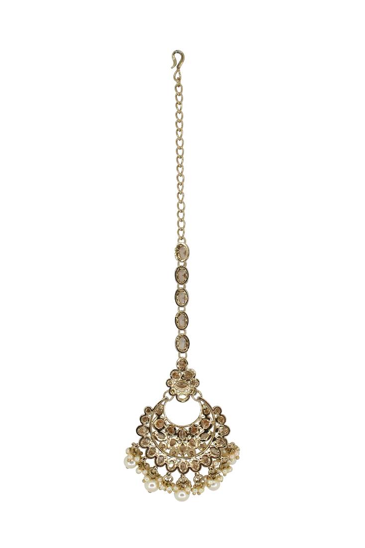 Chandelier shape mother of pearl brown uncut kundan stone antique gold plated maang tikka for women and girls