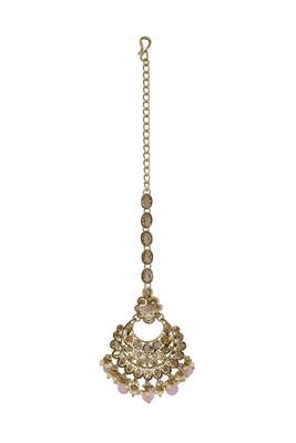 Chandelier shape mother of pearl pink uncut kundan stone antique gold plated maang tikka for women and girls 1