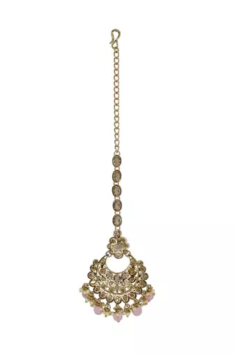 Chandelier shape mother of pearl pink uncut kundan stone antique gold plated maang tikka for women and girls