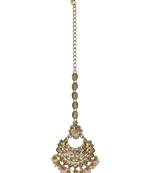 Chandelier shape mother of pearl pink uncut kundan stone antique gold plated maang tikka for women and girls