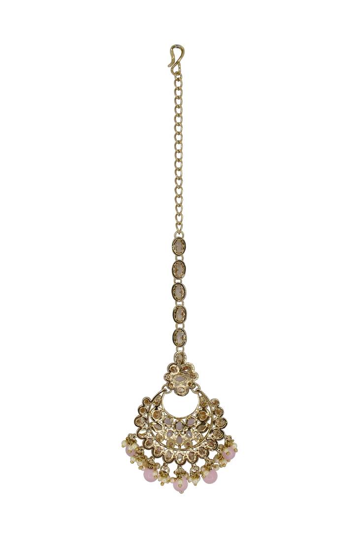 Chandelier shape mother of pearl pink uncut kundan stone antique gold plated maang tikka for women and girls