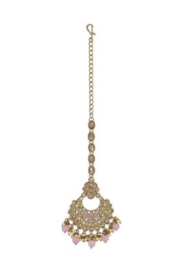 Chandelier shape mother of pearl pink uncut kundan stone antique gold plated maang tikka for women and girls 2