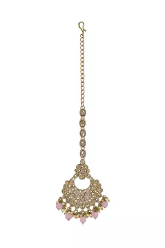 Chandelier shape mother of pearl pink uncut kundan stone antique gold plated maang tikka for women and girls