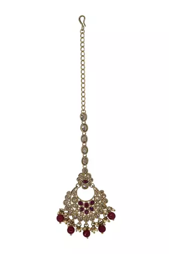 Chandelier shape mother of pearl ruby uncut kundan stone antique gold plated maang tikka for women and girls