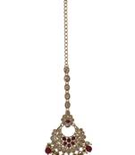 Chandelier shape mother of pearl ruby uncut kundan stone antique gold plated maang tikka for women and girls