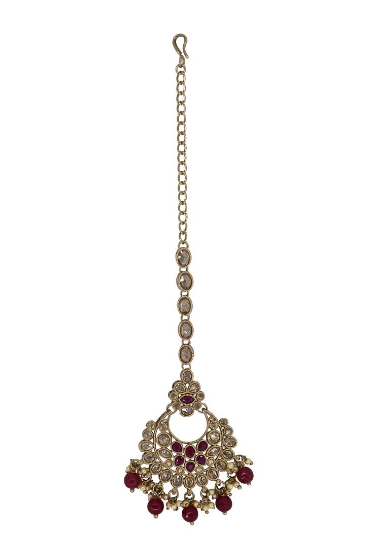 Chandelier shape mother of pearl ruby uncut kundan stone antique gold plated maang tikka for women and girls