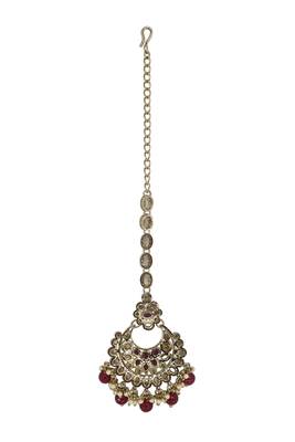 Chandelier shape mother of pearl ruby uncut kundan stone antique gold plated maang tikka for women and girls 2
