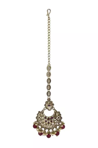 Chandelier shape mother of pearl ruby uncut kundan stone antique gold plated maang tikka for women and girls
