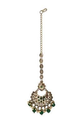 Chandelier shape mother of pearl green uncut kundan stone antique gold plated maang tikka for women and girls 1