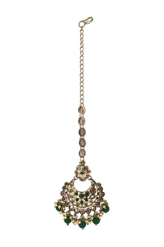 Chandelier shape mother of pearl green uncut kundan stone antique gold plated maang tikka for women and girls