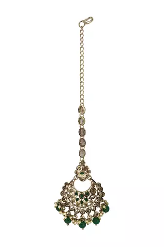 Chandelier shape mother of pearl green uncut kundan stone antique gold plated maang tikka for women and girls