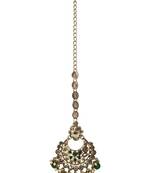 Chandelier shape mother of pearl green uncut kundan stone antique gold plated maang tikka for women and girls
