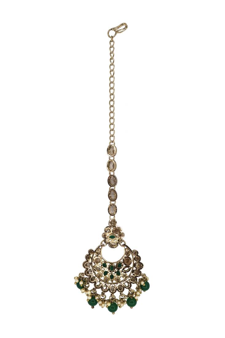 Chandelier shape mother of pearl green uncut kundan stone antique gold plated maang tikka for women and girls