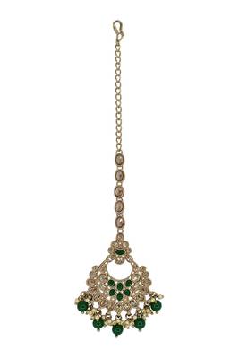 Chandelier shape mother of pearl green uncut kundan stone antique gold plated maang tikka for women and girls 2