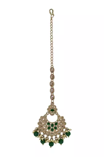 Chandelier shape mother of pearl green uncut kundan stone antique gold plated maang tikka for women and girls