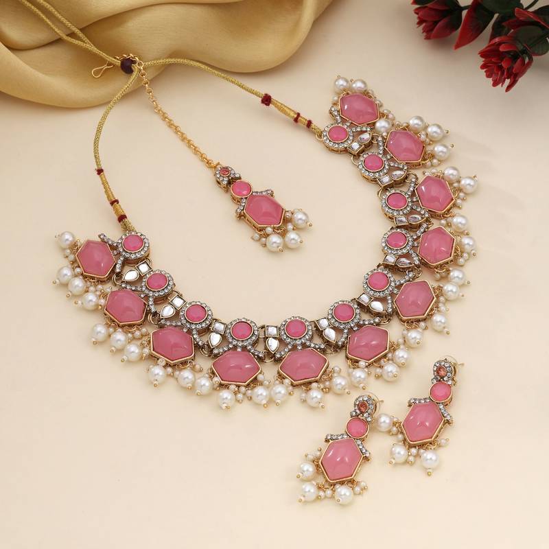 Pink color kundan necklace set