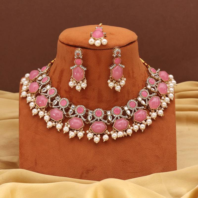 Pink color kundan necklace set