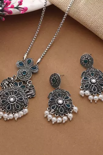 Turquoise blue color oxidised necklace set
