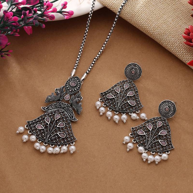 Pink color oxidised necklace set