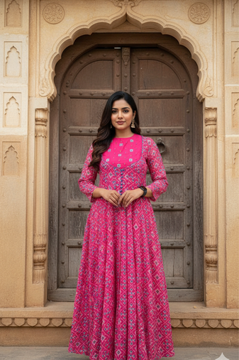 pink ikat printed cotton gown for women | daily & festive wear flared long gown