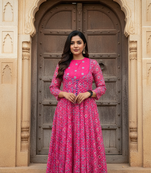 pink ikat printed cotton gown for women | daily & festive wear flared long gown