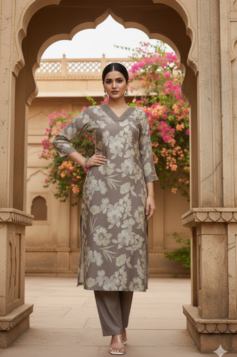 Women’s grey floral printed cotton kurta set with pants | elegant ethnic wear for office & festive
