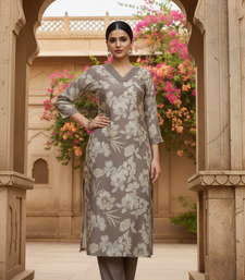 Women’s grey floral printed cotton kurta set with pants | elegant ethnic wear for office & festive