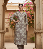 Women’s grey floral printed cotton kurta set with pants | elegant ethnic wear for office & festive
