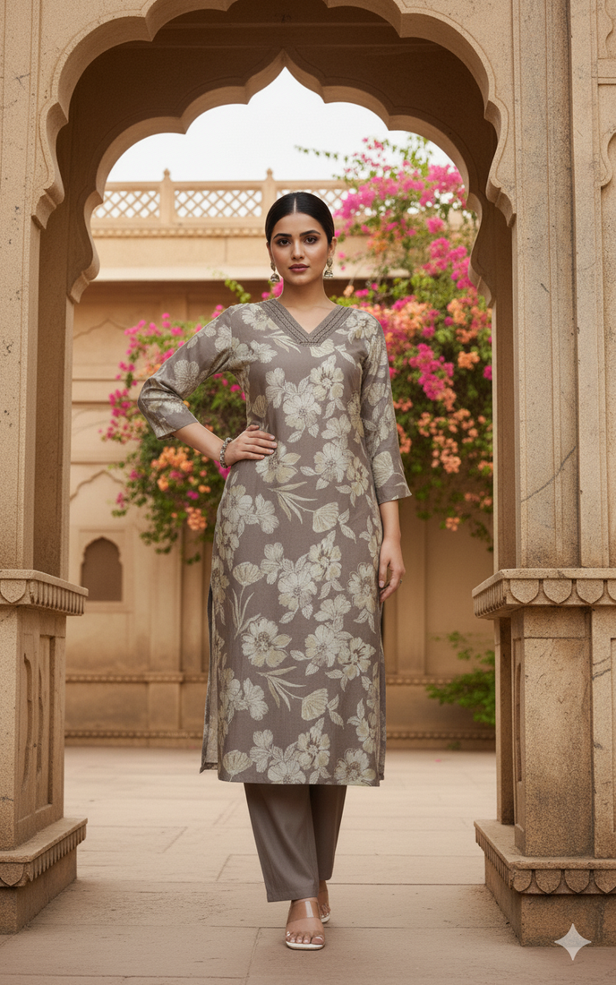 Women’s grey floral printed cotton kurta set with pants | elegant ethnic wear for office & festive