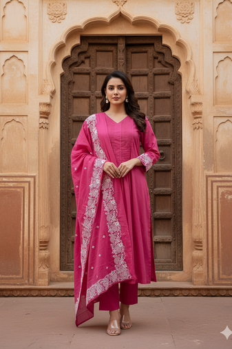 Rani pink cotton embroidered kurta pant dupatta set for women