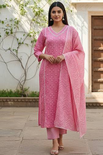 Women’s rose pink cotton printed kurta pant dupatta set