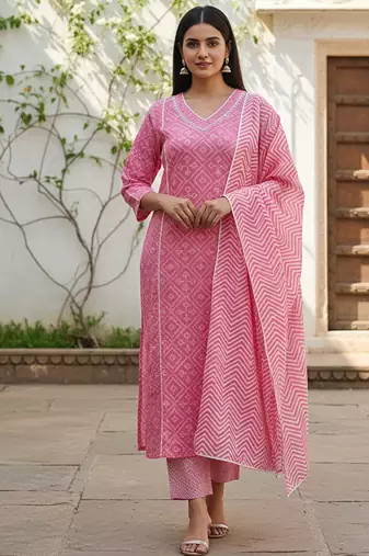 Women’s rose pink cotton printed kurta pant dupatta set