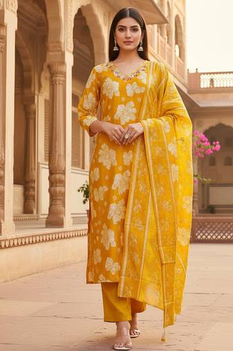 Women’s golden yellow cotton floral printed kurta pant dupatta set