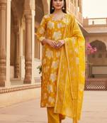 Women’s golden yellow cotton floral printed kurta pant dupatta set