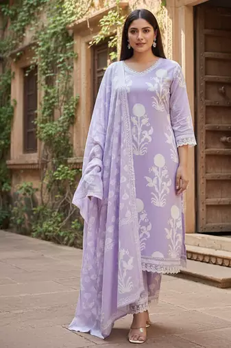 Lavender white embroidered cotton kurta pant dupatta set for women