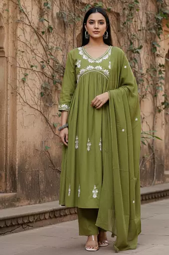 Olive green cotton embroidered kurta pant dupatta set for women